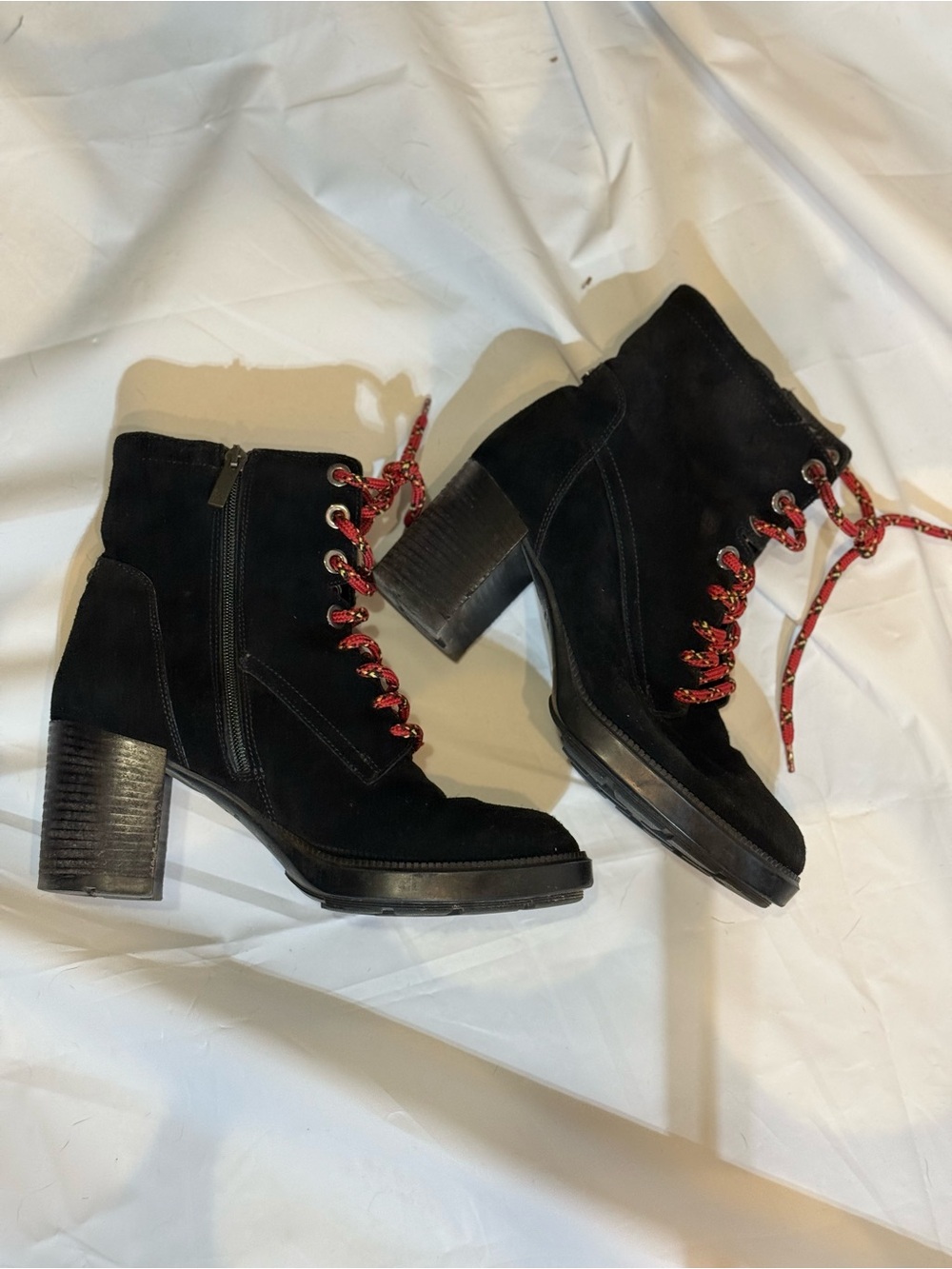 Aquatalia Black Suede Ankle Boots Women’s 8.5 Weatherproof Lace Up Block Heel